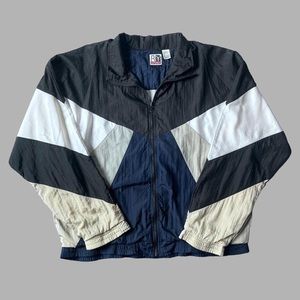 cream navy black and white windbreaker neutral color block vintage 80s jacket